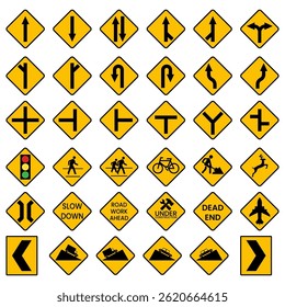Road guide signs set in vector format. Includes direction boards, city names, and general road guidance symbols.