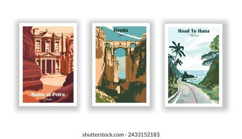 Camino A Hana, Hawái. Ronda, España. Ruinas de Petra, Jordania - Set de 3 Carteles de Viajes Vintage. Ilustración vectorial. Impresiones de alta calidad