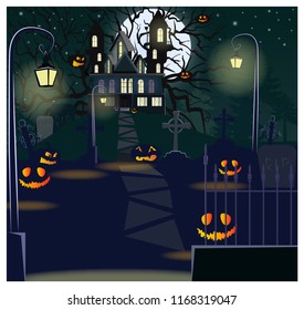 Road to haunted house with lanterns and pumpkins vector illustration. Halloween night background. Holiday concept. For websites, wallpapers, banners or posters