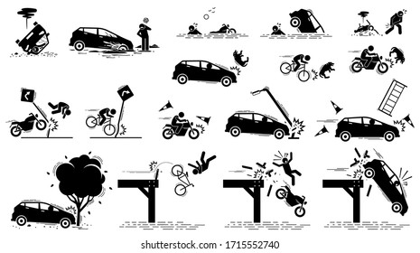 Road hazard, car accident, and traffic mishap. Vector icons of car driver stuck in mud, vehicle drive into water, bang onto tree, crash on traffic sign, motorcycle knock on dog, and fall off bridge.