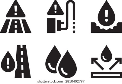 Road hazard and warning signs solid vector icon set with water drop, slippery road, and alert symbols.
