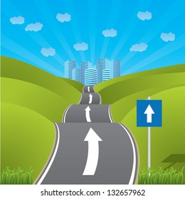 Road heading for city through pastures with one way sign