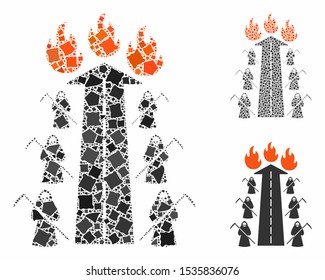 Road to hell fire composition of trembly pieces in different sizes and color tones, based on road to hell fire icon. Vector uneven pieces are combined into composition.