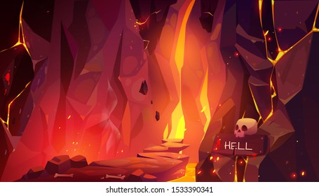 Road to hell, infernal hot cave with lava and burning fire, path paved with rocks and randomly lying bones going to blazing entrance in wall and scull with signboard. Cartoon vector illustration