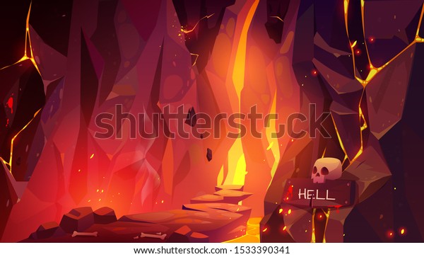 地獄への道 溶岩と燃える炎を持つ地獄の熱い洞穴 岩が敷き詰められた道 そして無作為に横たわる骨が壁に燃え盛り 看板を持つカモメに向かう 漫画のベクター イラスト のベクター画像素材 ロイヤリティフリー