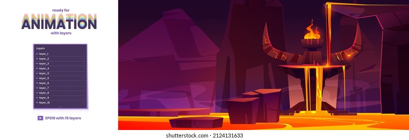 Road to hell parallax background for game with layers ready for animation. Infernal hot cave with lava flow from altar with huge devil stone horns and burning fire on top, Cartoon vector illustration