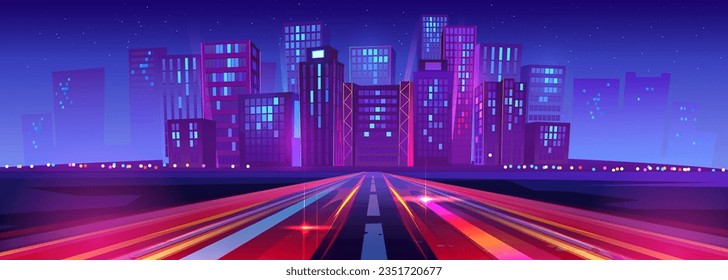 El camino con luces de alta velocidad conduce a la ciudad con edificios de varios pisos contra el cielo estrellado. Paisaje urbano futurista con edificios, resplandor de neón, carretera con efecto de movimiento. Ilustración vectorial de dibujos animados.