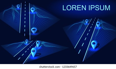 Road, highway in 3D. Futuristic hud design element. Navigation method with markers. Geolocation with lorem ipsum. Wireframe landscape. Vector illustration