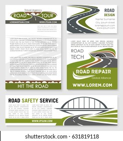 Road And Highway Banner Template With Bridge And Tunnel. Road Building Company Business Card, Travel Agency Poster, Car Trip And Traffic Safety Flyer Design