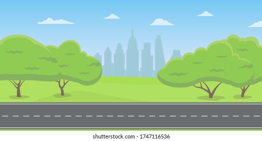 Road or highway in the city park or countryside with cityscape. Landscape with green trees, grass and sky. Vector illustration.