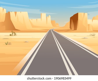 Road to highway in desert landscape with empty road and flat mountains sunny day with clear sky vector illustration