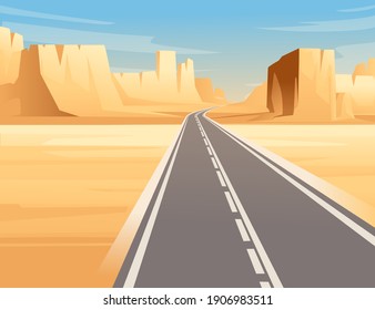 Camino a la carretera en el paisaje desértico con carreteras vacías y montañas planas día soleado con cielo claro ilustración vectorial