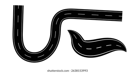 Road or highway design on transparent background. Wavy road. Curved highway. Top view of race track and highway. dashed line path. EPS vector illustration