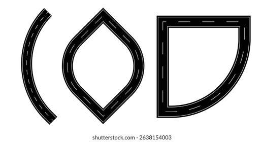 Road or highway design on transparent background. Wavy road. Curved highway. Top view of race track and highway. dashed line path. EPS vector illustration