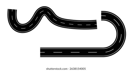 Road or highway design on transparent background. Wavy road. Curved highway. Top view of race track and highway. dashed line path. EPS vector illustration