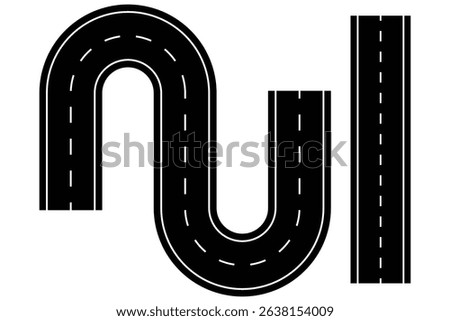 Road or highway design on transparent background. Wavy road. Curved highway. Top view of race track and highway. dashed line path. EPS vector illustration