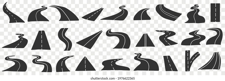 Road and highway doodle set. Collection of hand drawn various roads in different directions with no people and cars in rows isolated on transparent background 