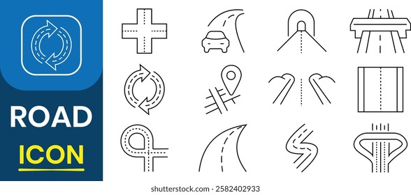 Road and Highway icon collection. Road icon vector set. Street, traffic, crossroad, tunnel route, driveway, highway or asphalt path, roadway, road fork, tunnel, way for vehicles. Vector illustration.