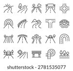 Road highway icon set in outline line art featuring route bridge tunnel junction roundabout ramp avenue signage mountain river transport