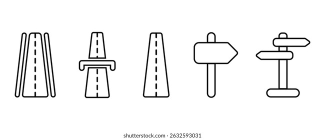 conjunto de ícones de estrada e rodovia. Contendo rua, sinalética de estrada, direções. ilustração vetorial.