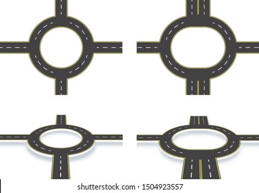 Road, highway, roundabout, top view and perspective view with shadow. Two-lane and four-lane roads with the same markings. Vector illustration