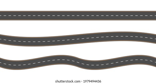 Road or highway set. Top view. Straight and winding seamless asphalt roads. Vector illustration.