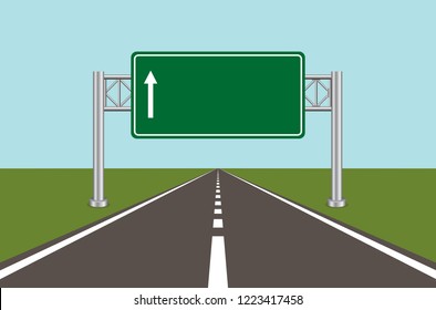 Road highway sign. Green board with arrow and road with markings. Vector illustration.