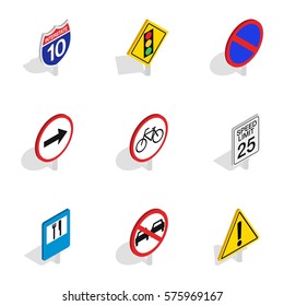 Road and highway sign icons set. Isometric 3d illustration of 9 road and highway sign vector icons for web