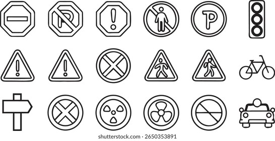 Road and Highway Sign Icons, traffic symbols, pedestrian crossing, signal light, editable solid black icon set