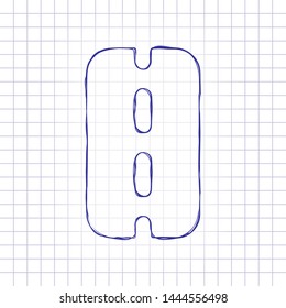 Road or highway, simple icon. Hand drawn picture on paper sheet. Blue ink, outline sketch style. Doodle on checkered background
