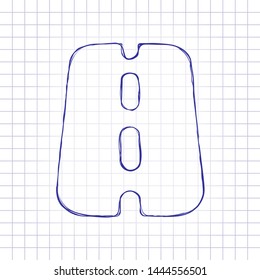 Road or highway, simple icon. Hand drawn picture on paper sheet. Blue ink, outline sketch style. Doodle on checkered background
