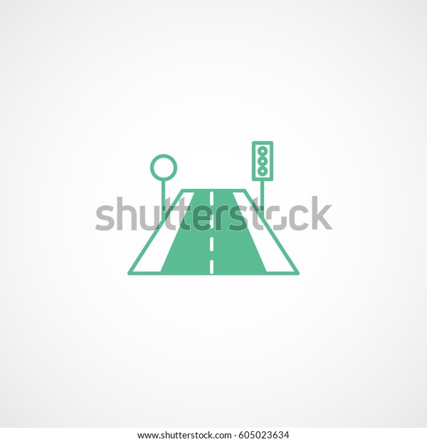 Road Highway And Traffic Light Green Flat Icon\
On White Background