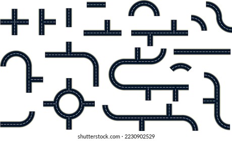 Road and highway vector elements for city map creation. Top view Road elements. Highway asphalt path traffic street. Street with footpath and crossroad set.