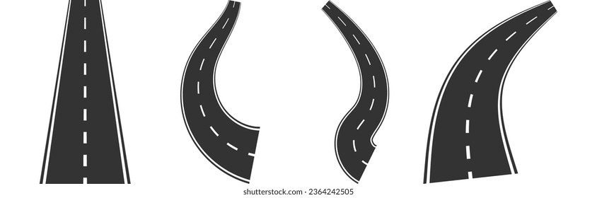 Road, highway, Winding road. Journey traffic curved highway. Road to horizon in perspective. Winding asphalt empty line isolated vector concept.  isolated on a white background. Vector