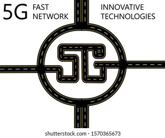 Road. Highway with yellow markings, stylized 5g inscription and circular motion. Isolated vector illustration
