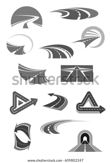 Road and\
highways with tunnels and directions icons for travel company,\
construction service or tourist agency. Vector template symbols set\
of path and way for car or transport\
navigation.