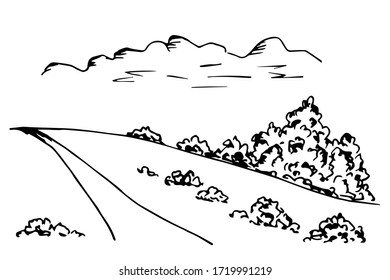 El camino a la colina, arbustos, árboles, nubes, paisaje rural, suburbio, naturaleza.Dibujo simple de tinta vectorial.