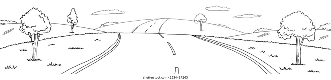 Vector de ilustración largo de boceto de paisaje de ciudad blanco negro gráfico de colina de carretera 