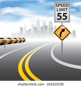 Road to horizon with a speed limit sign on a side. Vector illustration