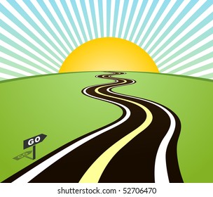 Road horizon to sun. Vector illustration