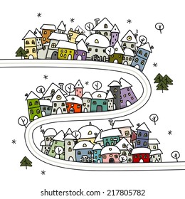 Road and houses, winter cityscape cartoon for your design