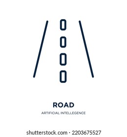ícono de carretera de la inteligencia artificial y futura colección de tecnología. Carretera lineal delgada, velocidad, icono del contorno del vehículo aislado sobre fondo blanco. Señal de la ruta vectorial de línea, símbolo para web y móvil