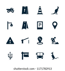 Road icon. collection of 16 road filled icons such as airport bus, parking, kangaroo, sale location, direction board, barrier. editable road icons for web and mobile.