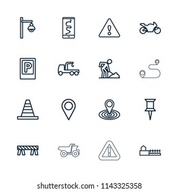 Road icon. collection of 16 road outline icons such as parking, pin, map location, cone, barrier, truck with hook, digging man. editable road icons for web and mobile.
