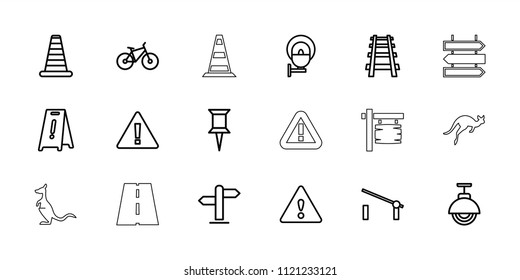Road icon. collection of 18 road outline icons such as barrier, cone barrier, wet floor, pin, warning, railway, street lamp, direction. editable road icons for web and mobile.