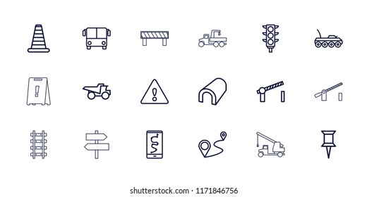 Road icon. collection of 18 road outline icons such as airport bus, cone barrier, tunnel, pin, truck, route and phone, distance. editable road icons for web and mobile.