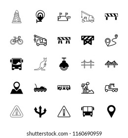 Road icon. collection of 25 road filled and outline icons such as airport bus, barrier, street lamp, military car, truck with hook. editable road icons for web and mobile.
