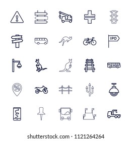 Road icon. collection of 25 road outline icons such as airport bus, cangaroo, truck with hook, direction, route and phone, bicycle. editable road icons for web and mobile.