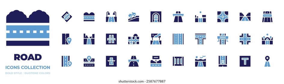 Road icon collection. Bold style. Duotone colors. end of priority, road, highway, crossroad, crosswalk, map, tunnel, dead end street, billboard, motorway, roundabout, sign, racing game.