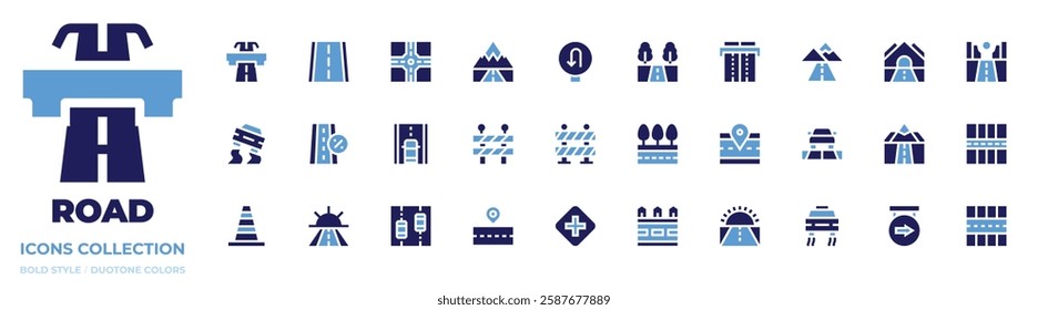Road icon collection. Bold style. Duotone colors. road, way, street, slippery road, barrier, motorway, positive attitude, u turn, work in progress, block, cross road, car, signage.